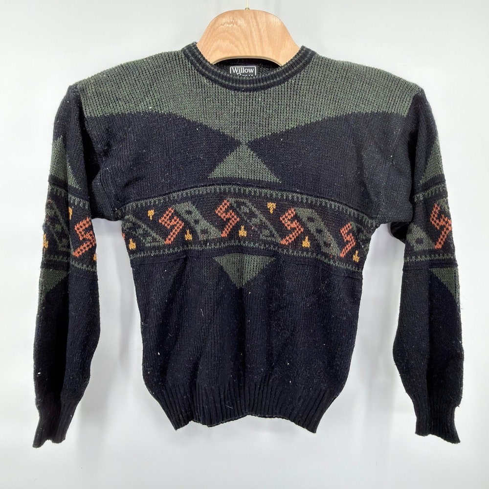 VTG Willow Bay Sweater Mens Medium Geometric Tribal Black Green Orange Knit